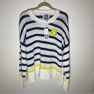 Kerri Rosenthal Smiley Face Sweater with Blue and Yellow Stripes | Anthropologie